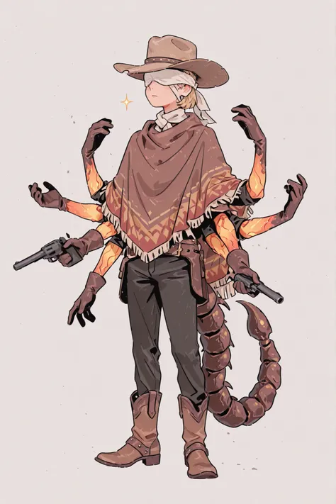 1boy, 6arms, six hands, multiple arms, extra arms, anatomically correct, extra sleeves, demi-human, scorpion tail, brown scorpion tail, white blindfold, blindfolded, blind, blonde, short hair, cowboy hat, light-brown leather cowboy hat, poncho, colourful p...