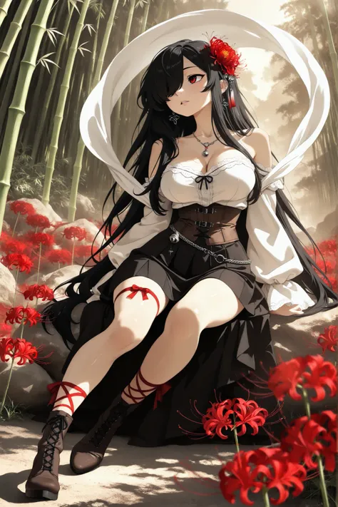 1girl, Kuroki Monika, black hair, very long hair, hair over right eye, red eyes, large breasts, (petite but curvy, very cute),
, hair flower, spider lily, white vintage Pleated blouse with bell sleeves and bare shoulders, brown vintage-gothic lace-up corse...
