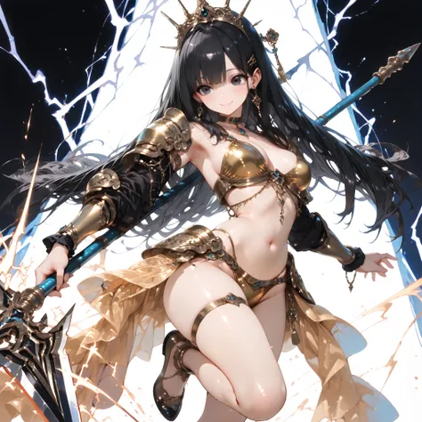 ((best quality)), ((masterpieces)), (detailed), perfect face, SOLO, ((1 girl)), ANIME, beautiful detailed eyes, long hair, long straight hair, black hair, black EYES, BARE thighs, (((BARE LEG))), ((Medium Breasts)), Choker, (thigh strap), smile, earring, H...