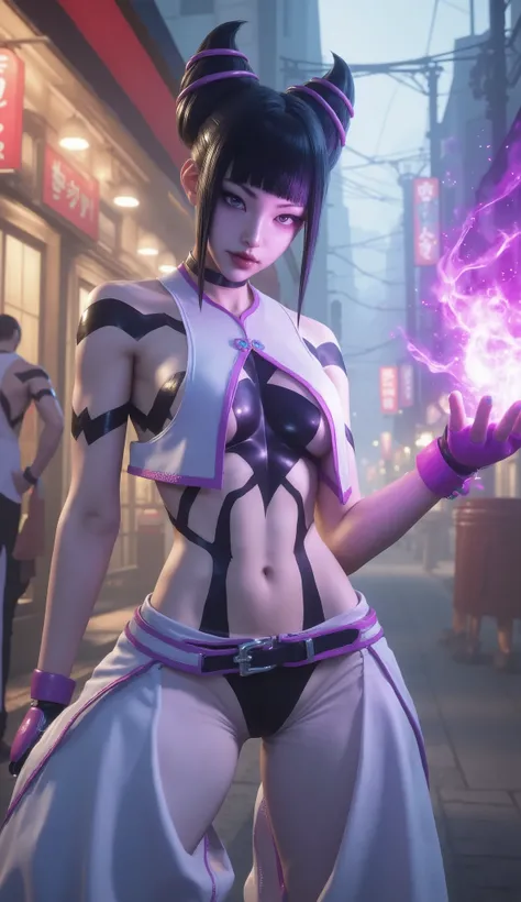 ((bes quality)), absurdres, (ultra high res), (/juri han), girl, dudou, white baggy pants, belt, fingerless gloves, pink trim, bangs, navel, looking at viewer, detailed eyes, 8k, masterpiece, cinematic lighting, purple fire effect on right hand, neon effec...
