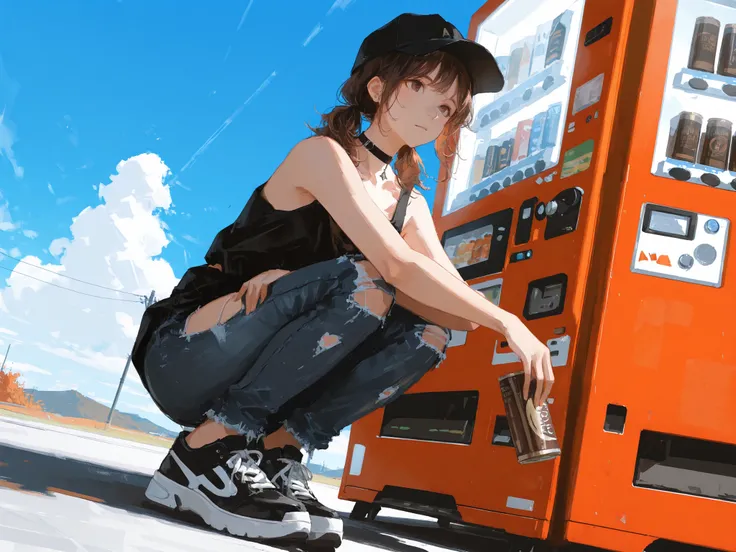 medium shot, dutch angle, makes an aesthetic, Master piece, Best Quality, ultra detailed, a beautiful girl, solo, orange medium hair, wavy hair, low twin tails, beautiful brown eyes, stylish black cap, black long tanktop, torn jeans, choker, black and whit...