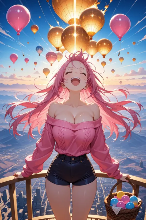 masterpiece, best quality, flat anime, score_9_up, score_8_up, score_7_up, illustration, anime artwork
BREAK
1girl, solo, 20-year-old Japanese adult woman, bust shot, in a hot air balloon basket, vertical composition, throwing her head back and laughing wi...