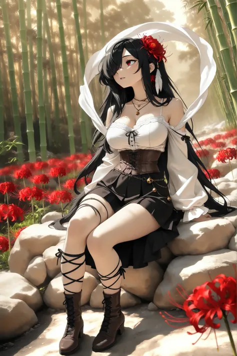 1girl, Kuroki Monika, black hair, very long hair, hair over right eye, red eyes, large breasts, (petite but curvy, very cute),
, hair flower, spider lily, white vintage Pleated blouse with bell sleeves and bare shoulders, brown vintage-gothic lace-up corse...