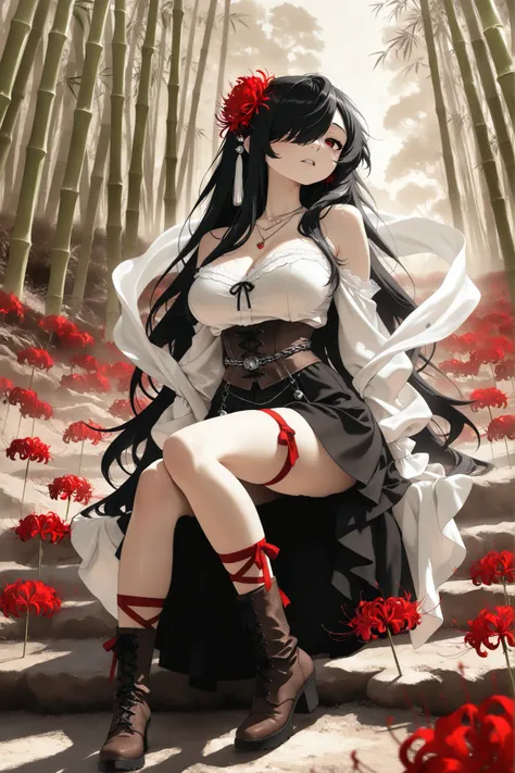 1girl, Kuroki Monika, black hair, very long hair, hair over right eye, red eyes, large breasts, (petite but curvy, very cute),
, hair flower, spider lily, white vintage Pleated blouse with bell sleeves and bare shoulders, brown vintage-gothic lace-up corse...
