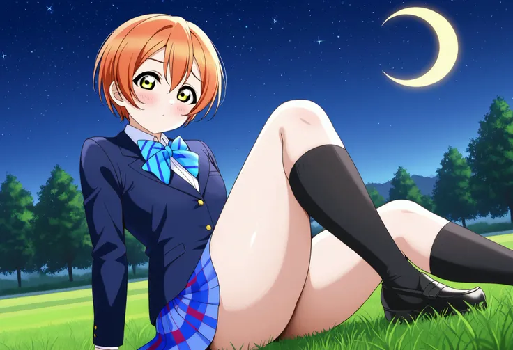 1girl, hoshizora rin, striped, short hair, blush, otonokizaka school uniform, lovelive_rin black blazer, blue plaid skirt, blue stripe bowtie, orange hair, very short hair, hair between eyes, yellow green eyes,thick thighs,knee up,crescent moon, stars (sky...