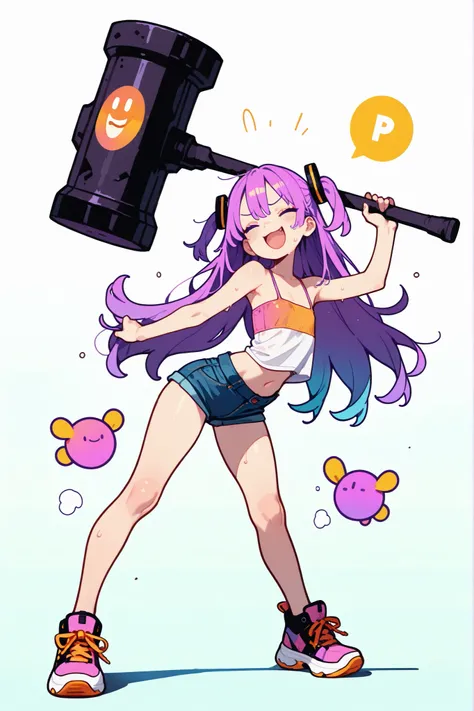 solo focus,full body,1 cute girl ,flatchest,tubetop,denim hotpants,short shorts,smile,smug,open mouth,longhair,sweat,
holding a huge hammer with hands,wield a huge hammer over head,,dynamic pose,

,,((ultra detailed perfect piece)), ,(masterpiece), (best q...