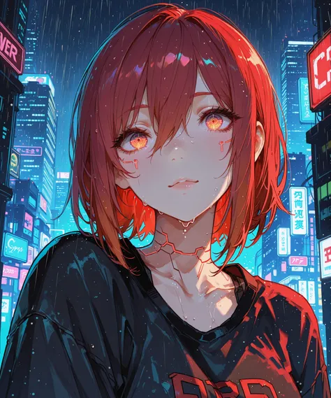 748cmstyle,adult woman,cyberpunk-style,  (masterpiece, best quality:1.2 a , Denji-Demon of Chainsaw from Chainsaw-man, high definition eyes,detailed eyes,high gradient eyes,eyesHD Pinki,,,very short red hair,through a rainy cyberpunk city.,lazypos v2
