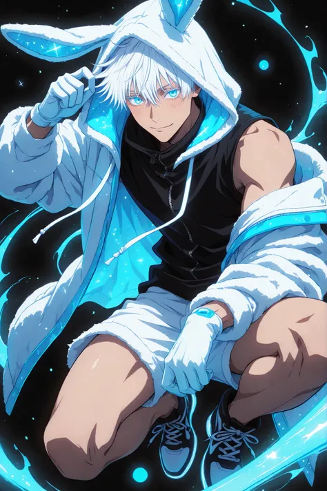 neon art, neon lineart, blue neon lineart, neon silhouette, silhouette, neon colors, glowing, glow effect, bright outlines, vibrant colors, high contrast, dark background, digital art, 1man, adult, male focus, gojou satoru, jujutsu kaisen, white hair, shor...
