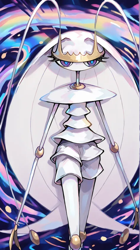 Pheromosa from Pokemon, White Body, (psychedelic cosmic horror), Thin Waist, Very Thin Waist, Wasp Waist, Solo, Aerial View,vibrant colors, cel shading, Simplistic Art Style, looking at viewer, solo,((action:1.2)),
