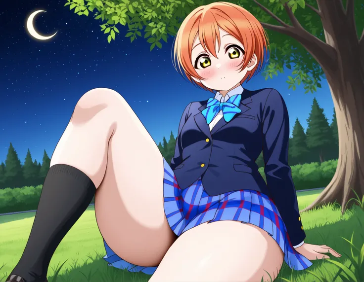 1girl, hoshizora rin, striped, short hair, blush, otonokizaka school uniform, lovelive_rin black blazer, blue plaid skirt, blue stripe bowtie, orange hair, very short hair, hair between eyes, yellow green eyes,thick thighs,knee up,crescent moon, stars (sky...