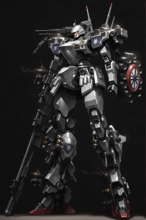 Giant Robot、Missile Pods、without head and neck、mechanical、detailed、Highest image quality、Heavy Armament、Missile Pods、Smoke Dislauncher、all weapons are facing straight ahead、Only 1 unit、best quality、Detailed Armor、 completely black、headless、Short legs、Heavy...