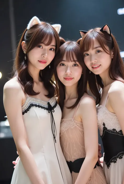 A mesmerizing portrait of a stunning Japanese female idol group, gracefully posed with slender physiques. They wear intricately designed idol group costumes, adorned with delicate textures and shimmering accents, complemented by charming cat ears that add ...