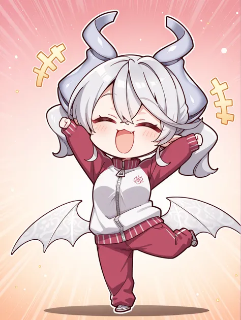score_9, score_8_up, score_7_up, score_6_up, score_5_up, score_4_up, 最High Quality, masterpiece, Super Detailed, High Quality,

1girl, solo, 

Red Track Jacket, Track Pants、

lovely labrynth of the silver 城, Demon Girl, 

(yuzu chibi, chibi), full body,　wh...