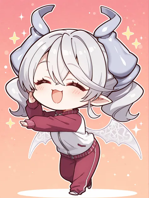 score_9, score_8_up, score_7_up, score_6_up, score_5_up, score_4_up, 最High Quality, masterpiece, Super Detailed, High Quality,

1girl, solo, 

Red Track Jacket, Track Pants、

lovely labrynth of the silver 城, Demon Girl, 

(yuzu chibi, chibi), full body,　wh...