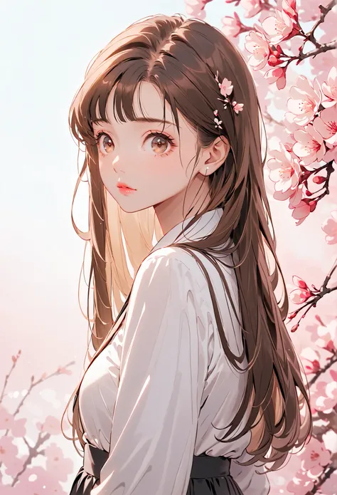 Girl, long straight brown hair, brown eyes, sharp features, white skin, bright light pink lips, calm, beautiful, perfect, elegant looking, wearing a dress with sleeves similar to a formal school uniform, bright colors, high quality resolution.