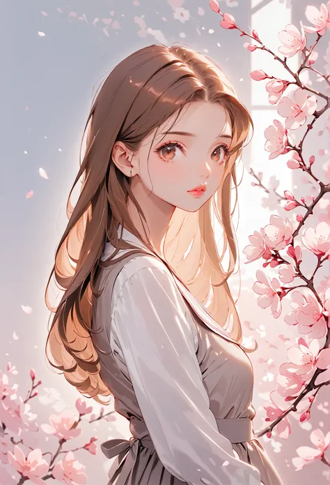 Girl, long straight brown hair, brown eyes, sharp features, white skin, bright light pink lips, calm, beautiful, perfect, elegant looking, wearing a dress with sleeves similar to a formal school uniform, bright colors, high quality resolution.