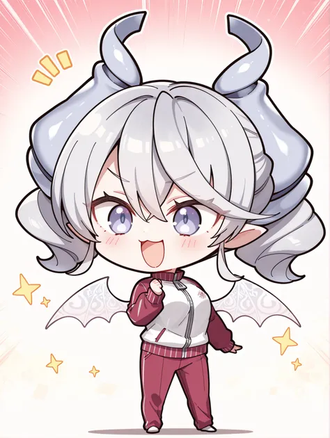 score_9, score_8_up, score_7_up, score_6_up, score_5_up, score_4_up, 最High Quality, masterpiece, Super Detailed, High Quality,

1girl, solo, Open Mouth, 

Red Track Jacket, Track Pants、

lovely labrynth of the silver 城, Demon Girl, 

(yuzu chibi, chibi), f...