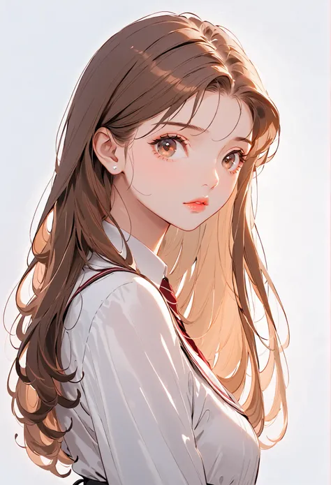 Girl, long straight brown hair, brown eyes, sharp features, white skin, bright light pink lips, calm, beautiful, perfect, elegant looking, wearing a dress with sleeves similar to a formal school uniform, bright colors, high quality resolution.