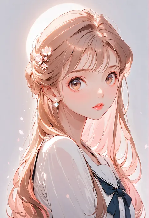 Girl, long straight brown hair, brown eyes, sharp features, white skin, bright light pink lips, calm, beautiful, perfect, elegant looking, wearing a dress with sleeves similar to a formal school uniform, bright colors, high quality resolution.
