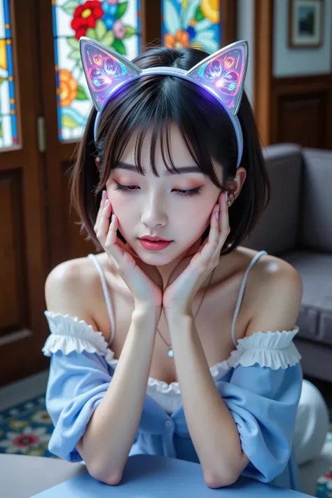 front,((composition viewed from above)),((3Dホログラムで作られたcat ear headband)),((Close your eyes2.0)),and place your hands on your cheeks,((Close your eyes 2.0)), 1 woman on the floor, Gorgeous Dress:cat ear headband made with white, blue and silver、off-shoulder...