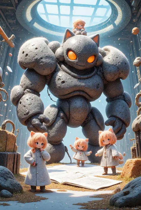 (masterpiece, best quality, ultra-detailed, anime style),
three chibi catgirl scientists playing around a half-built giant robot inside a futuristic lab, 
one holding blueprints with a proud smile, one climbing on the robot striking a pose, 
one surprised ...