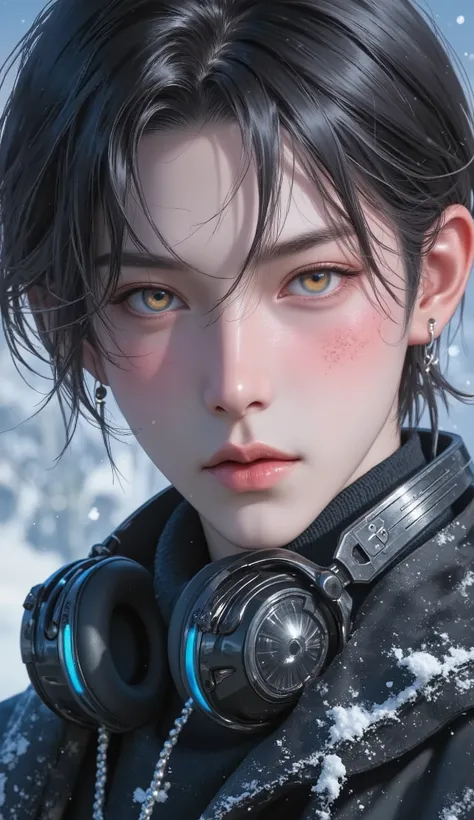 commercial Product、Hi-Tech Headphones, Sci Fi Future Headphones, (Top Quality, 8K, Masterpiece: 1.3)), Sharp Focus: 1.2, (Young male, handsome, One Bangs Cover Right Eyes, Tied-Back hair, Medium hair, jfcut, Gold Amber Eyes, Flawless Eyes, ((Multicolour ha...