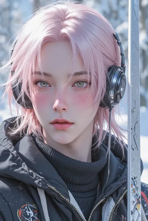 commercial Product、Hi-Tech Headphones, Sci Fi Future Headphones, (Top Quality, 8K, Masterpiece: 1.3)), Sharp Focus: 1.2, (Young male, handsome, One Bangs Cover Right Eyes, Tied-Dowj hair, Long hair, jfcut, Gold Amber Eyes, Flawless Eyes, ((Light Pink hair)...