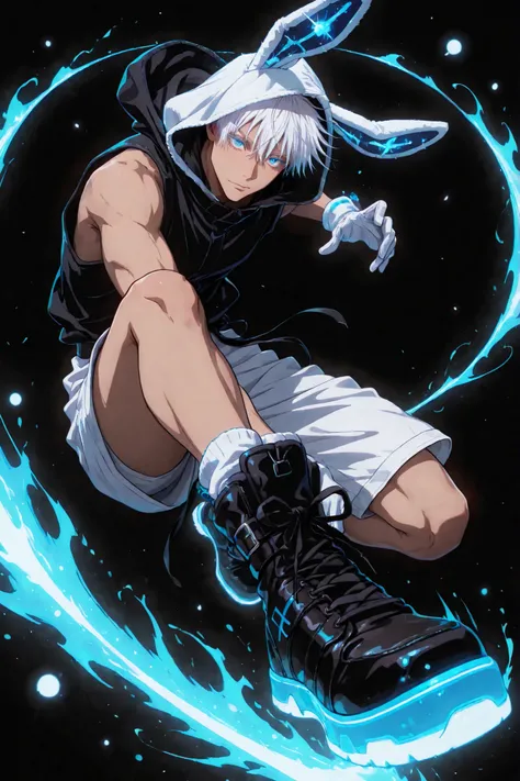 neon art, neon lineart, blue neon lineart, neon silhouette, silhouette, neon colors, glowing, glow effect, bright outlines, vibrant colors, high contrast, dark background, digital art, 1man, adult, male focus, gojou satoru, jujutsu kaisen, white hair, shor...