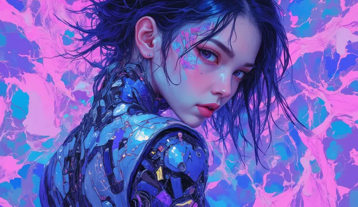 ArsMJStyle , vaporwave,DB4RZ style painting,1 asia girl,looking back over shoulder,dramatic head turn,seductive glance,cyberpunk style,half-turned body,sleek metallic texture,neon highlights,((dynamic pose)),futuristic fashion,tight-fitting outfit,technolo...