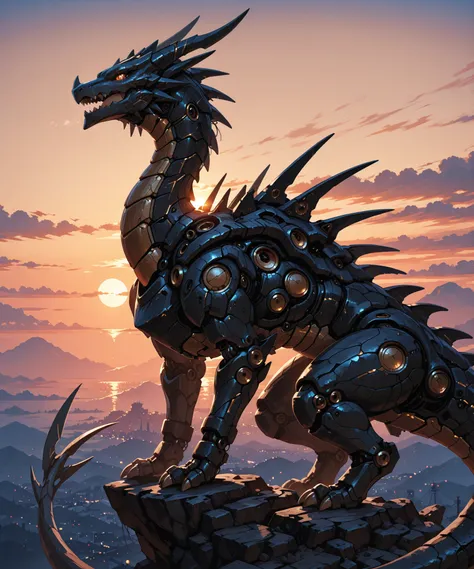 748cmstyle,masterpiece,the best quality,newer,absurdres, Mecha-ancient Dragon of a relic of a lost ancient civilization, sunset, Tokyo-Night in background, lazypos v2