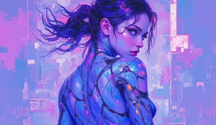 ArsMJStyle , vaporwave,DB4RZ style painting,1girl,looking back over shoulder,dramatic head turn,seductive glance,cyberpunk style,half-turned body,sleek metallic texture,neon highlights,((dynamic pose)),futuristic fashion,tight-fitting outfit,technological ...