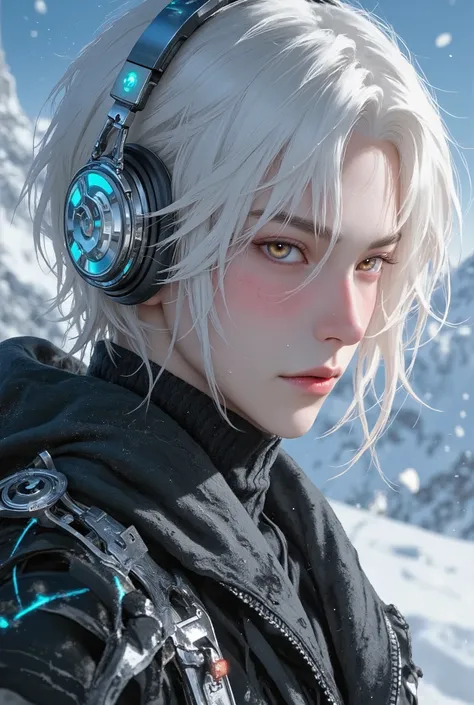 commercial Product、Hi-Tech Headphones, Sci Fi Future Headphones, (Top Quality, 8K, Masterpiece: 1.3)), Sharp Focus: 1.2, (Young male, handsome, One Bangs Cover Right Eyes, Tied-Dowj hair, Long hair, jfcut, Gold Amber Eyes, Flawless Eyes, ((Light Jade hair)...