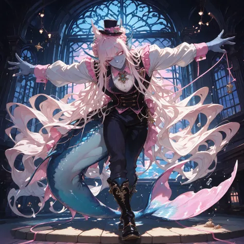 full body, atmospheric perspective, legs together, outstretched arms, leaning forward, (foreshortening,) spread arms, arms up, bow, cruel smirk, head tilt, graceful closed off posture, smug expression, ((wink,)) 1 (((man))), naiad, (((no pupils,))) (absurd...