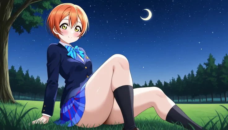 1girl, hoshizora rin, striped, short hair, blush, otonokizaka school uniform, lovelive_rin black blazer, blue plaid skirt, blue stripe bowtie, orange hair, very short hair, hair between eyes, yellow green eyes,thick thighs,knee up,crescent moon, stars (sky...