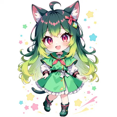 red eyes、anime wearing a green dress with cat ears and tail, tatsumaki, shiRabii, tatsumaki with green curly hair, Official Character Art,Wearing a green cloak, Mana in the Air, Villain Anime Girl, Fairy Character, (chibi:1.4),chibi character,chibi style, ...