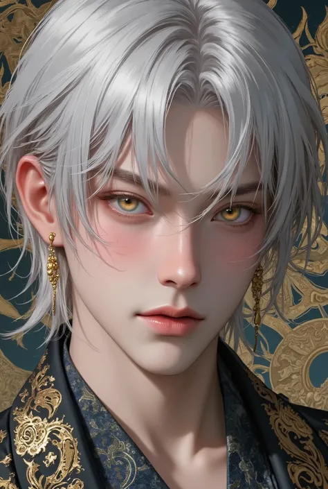 ((Top Quality, 8K, Masterpiece: 1.3)), Sharp Focus: 1.2, (Mature male, handsome, One Bangs Cover Right Eyes, Tied-Back hair, Medium hair, jfcut, Gold Amber Eyes, Flawless Eyes, ((Multicolour Hair : Silver With Amber Hue Hair)), freckles ,male focus, handso...