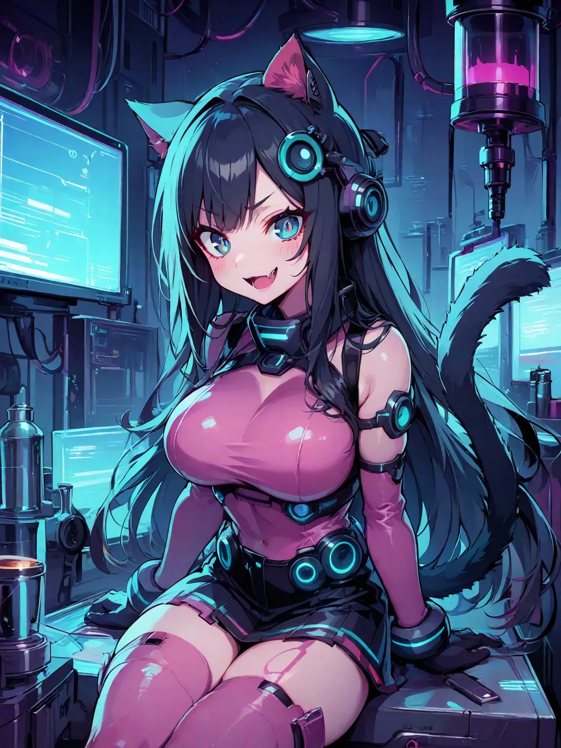 A lab experiment with creating a super cybernetic cat girl, that's in a cool neon room, where is the alchemy equipment, masterpiece,  16K resolution ,