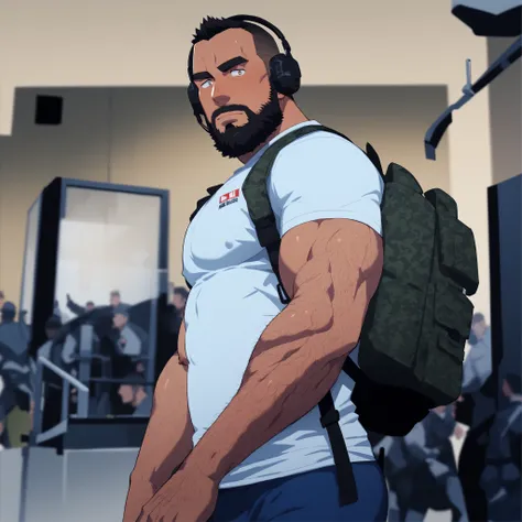 Masterpiece, best quality, male, big muscular body, gay men, handsome face, thick body, huge breast, female breast, shiny, nipples, cartoon anime, mature man, bara, bearded, hairy, daddy, mature, big , big body, keep all details, thick bulge, perfect propo...