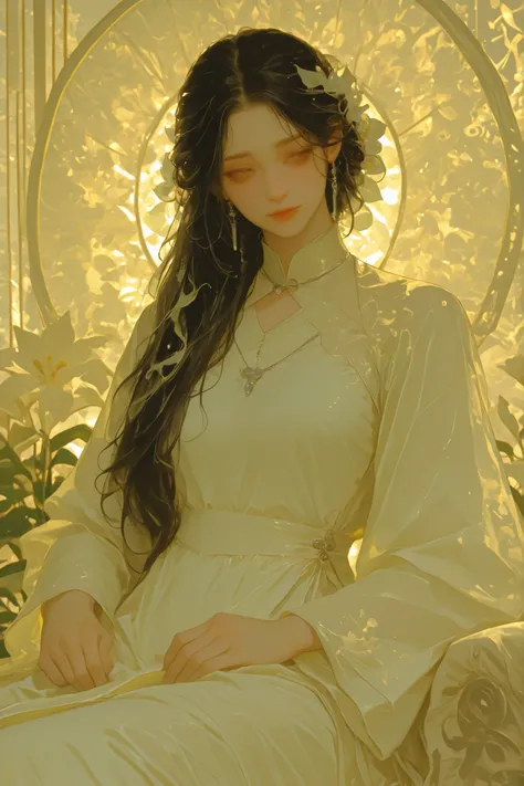 a Vietnamese girl ,A gentle muse with long dark hair, a lily in her hair , hoa huệ, wear traditional white Vietnamese Long Dress, light yellow light light incense, Silver jewelry.
