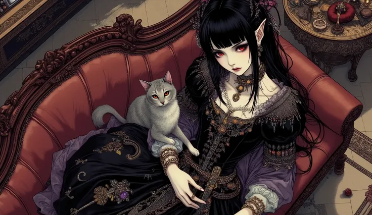 (A fusion of Ukiyo-e and dark fantasy. Aesthetic and gothic digital art. Illustrations are drawn from a bird's eye view from above.) BREAK
(Jet black hair. Blunt bangs. Black eyebrows. Long black eyelashes. Almond-shaped eyes. Glowing red eyes. Dark, thic...