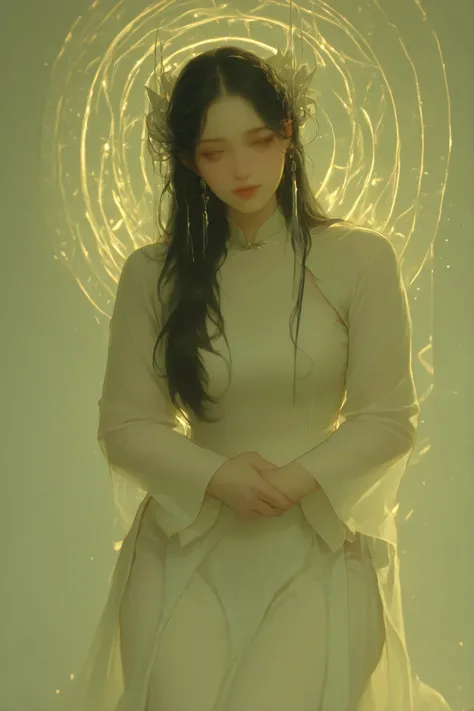 a Vietnamese girl ,A gentle muse with long dark hair, a lily in her hair , hoa huệ, wear traditional white Vietnamese Long Dress, light yellow light light incense, Silver jewelry.