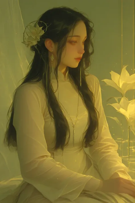 a Vietnamese girl ,A gentle muse with long dark hair, a lily in her hair , hoa huệ, wear traditional white Vietnamese Long Dress, light yellow light light incense, Silver jewelry.