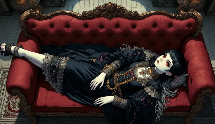 (A fusion of Ukiyo-e and dark fantasy. Aesthetic and gothic digital art. Illustrations are drawn from a bird's eye view from above.) BREAK 
(Jet black hair. Blunt bangs. Black eyebrows. Long black eyelashes. Almond-shaped eyes. Glowing red eyes. Dark, thic...
