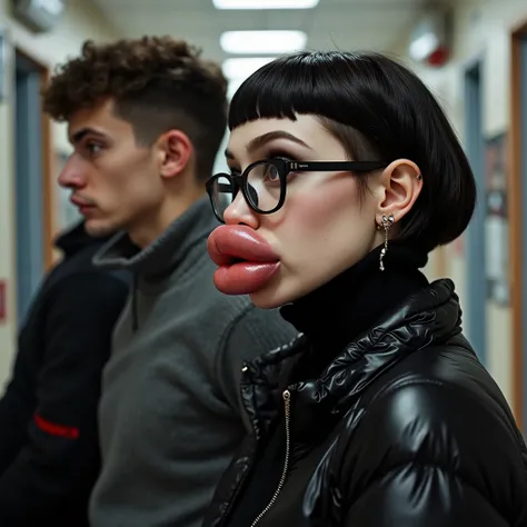 An acute angle 45 degree angle photo of a 18 year old gothic punk girl looking side ways towards her male boyfriend, in the background you see a school hallway, The girl has a Very short bowl cut haircut and is wearing glasses, Piercings in her ears, pale ...