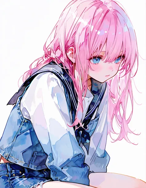 (((girl))), Denim Shooting,School uniform ,1 female,((Solo)), Pink Hair,blue eyes,Long hair, watercolor, masterpiece, jump