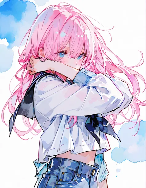 (((girl))), Denim Shooting,School uniform ,1 female,((Solo)), Pink Hair,blue eyes,Long hair, watercolor, masterpiece, jump