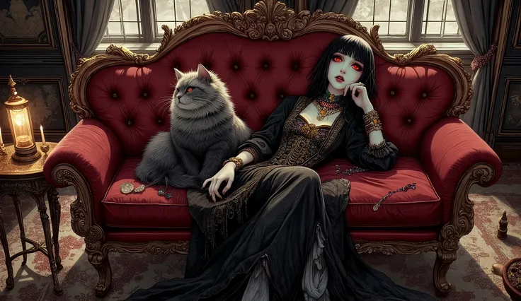 (A fusion of Ukiyo-e and dark fantasy. Aesthetic and gothic digital art. Illustrations are drawn from a bird's eye view from above.) BREAK 
(Jet black hair. Blunt bangs. Black eyebrows. Long black eyelashes. Almond-shaped eyes. Glowing red eyes. Dark, thic...