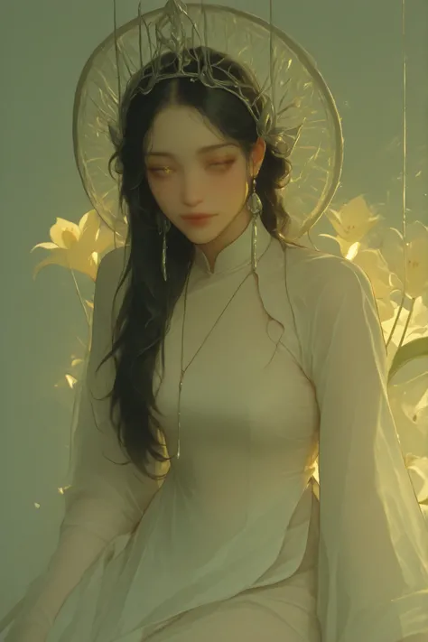 a Vietnamese girl ,A gentle muse with long dark hair, a lily in her hair , hoa huệ, wear traditional white Vietnamese Long Dress, light yellow light light incense, Silver jewelry.