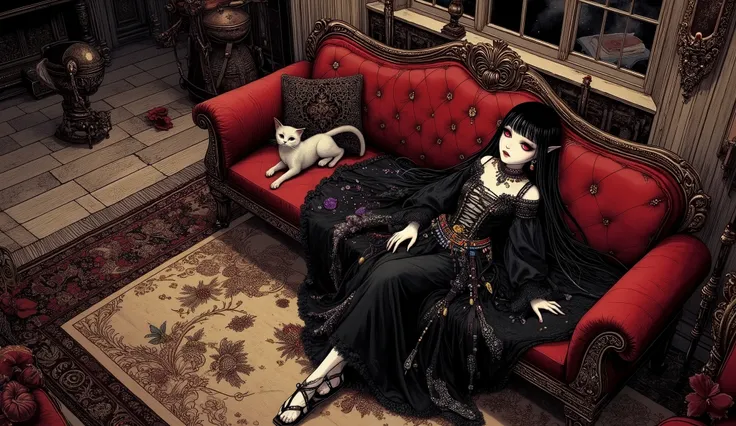 (A fusion of Ukiyo-e and dark fantasy. Aesthetic and gothic digital art. Illustrations are drawn from a bird's eye view from above.) BREAK 
(Jet black hair. Blunt bangs. Black eyebrows. Long black eyelashes. Almond-shaped eyes. Glowing red eyes. Dark, thic...