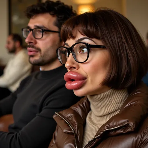 An acute angle 45 degree angle photo of a 50 year posh lady looking side ways towards her male husband, in the background you see an office, The woman has a Very short bowl cut brown haircut and is wearing glasses, pale skin tone, thick ugly eyebrows, wear...